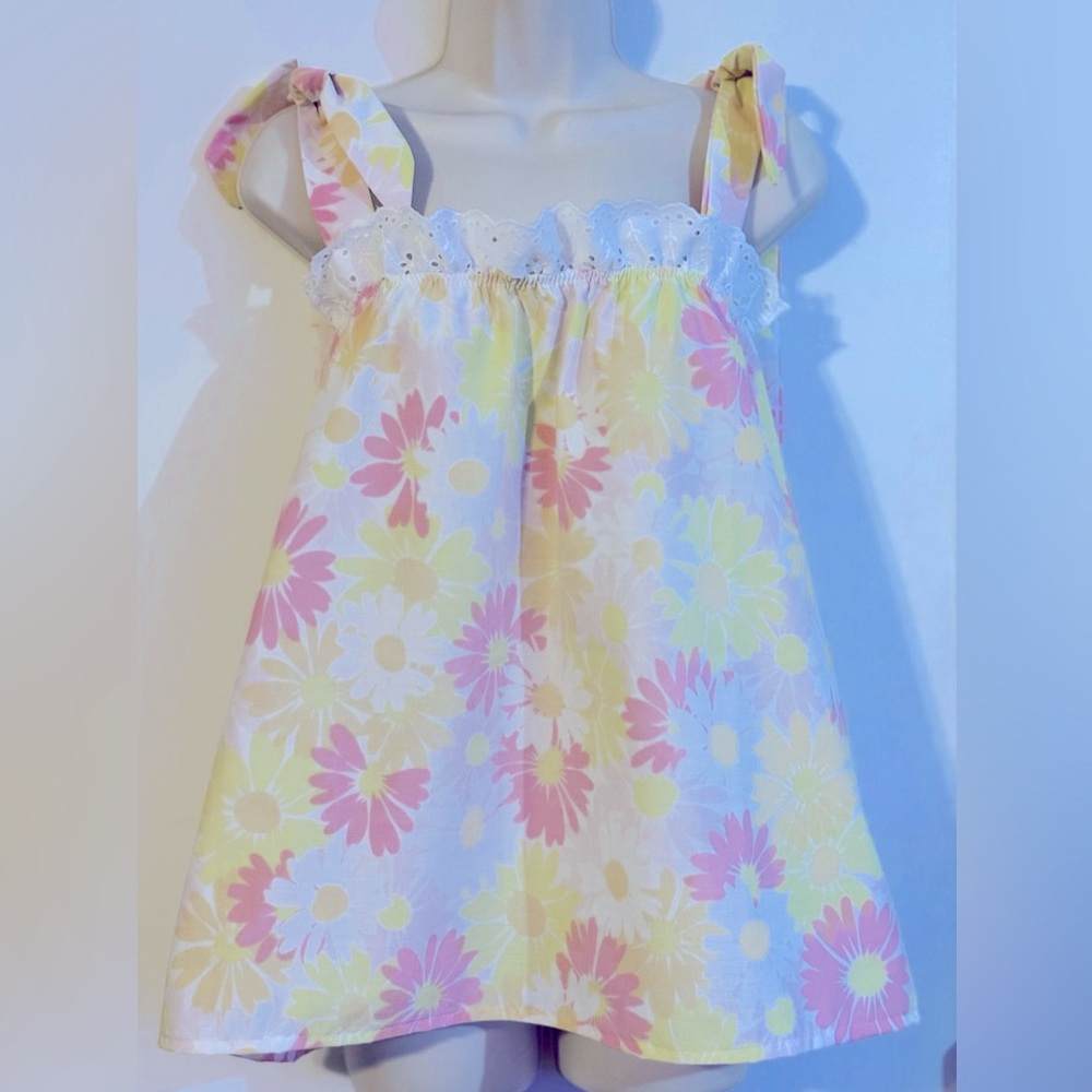 Vintage 70s Daisy Pillowcase Mini Dress Top Eyelet Lace